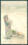 New Year Pig Sleigh Child Four Leaf Clover VK Vienne 5056 postcard TW1394 – fronte