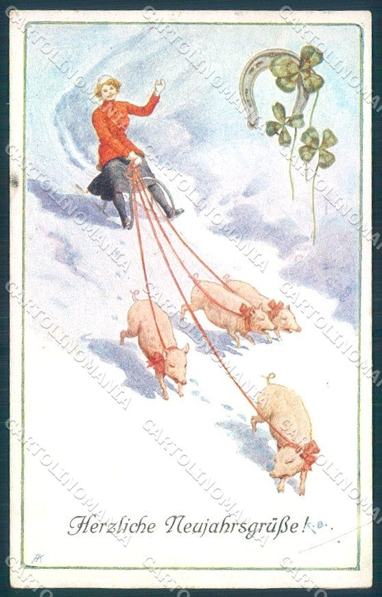 New Year Pig Lady Sleigh Four Leaf Clover Horseshoe BKWI 3181-4 postcard TW1396 – fronte