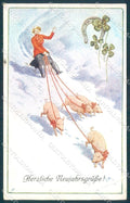 New Year Pig Lady Sleigh Four Leaf Clover Horseshoe BKWI 3181-4 postcard TW1396 – fronte