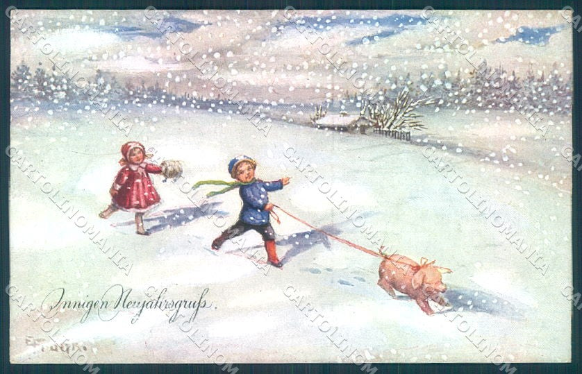 Artist Signed Frank New Year Pig Child serie 507/VI cartolina postcard TW1398 – fronte