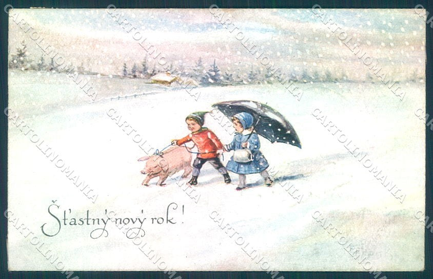 Artist Signed Frank New Year Pig Child serie 507/IV cartolina postcard TW1399 – fronte