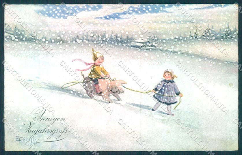 Artist Signed Frank New Year Pig Child serie 507/I cartolina postcard TW1400 – fronte