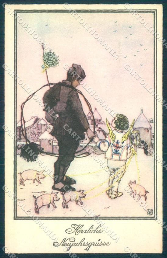 Artist Signed MHS New Year Pig Angel Chimney Sweep BKWI 3140-1 postcard TW1402 – fronte