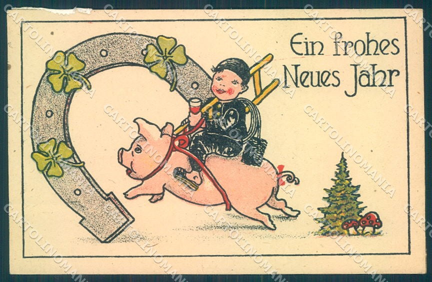 New Year Pig Chimney Sweep Mushroom Horseshoe Four Leaf Clover postcard TW1405 – fronte
