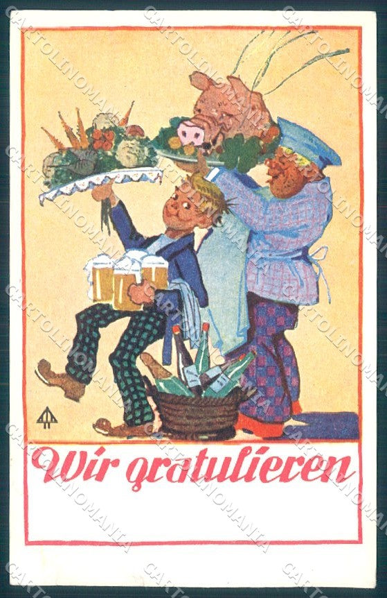 Artist Signed Pig Child Man Beer Greetings CORNER CREASE postcard TW1406 – fronte