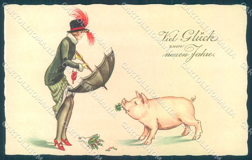 New Year Pig Fashion Lady Four Leaf Clover Amag serie 2180 postcard TW1407 – fronte