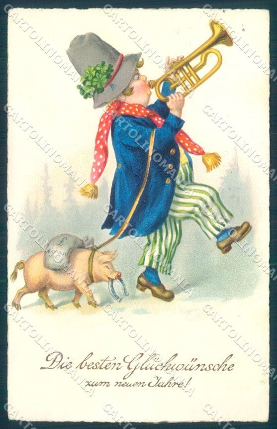 Artist Signed Pig Man Playing Trumpet Horseshoe EAS 1355 postcard TW1408 – fronte