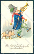 Artist Signed Pig Man Playing Trumpet Horseshoe EAS 1355 postcard TW1408 – fronte
