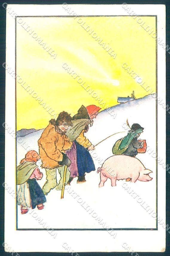 New Year Pig Children Snow cartolina postcard TW1411 – fronte