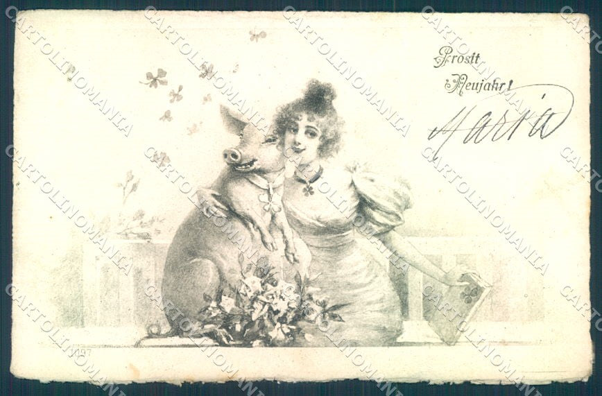 Artist Signed Kratki New Year Pig Lady Four Leaf Clover serie 1097 pc TW1412 – fronte