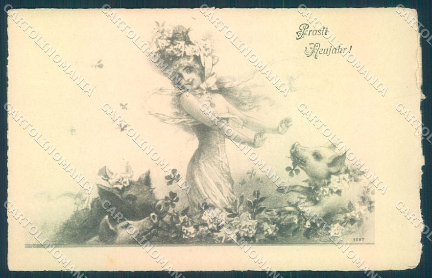 Artist Signed Kratki New Year Pig Lady Four Leaf Clover serie 1097 pc TW1413 – fronte