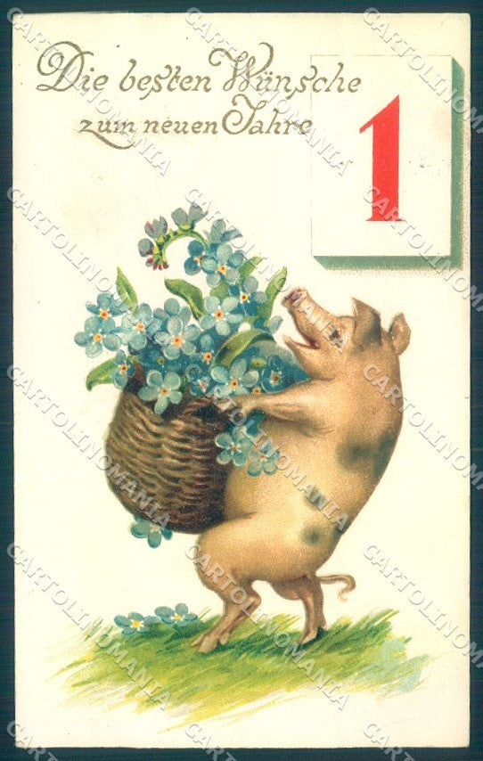 New Year Pig Flower serie 7234 cartolina postcard TW1416 – fronte