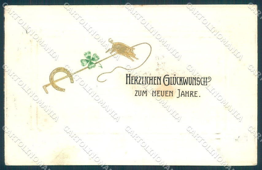 New Year Pig Four Leaf Clover Horseshoe Relief cartolina postcard TW1420 – fronte
