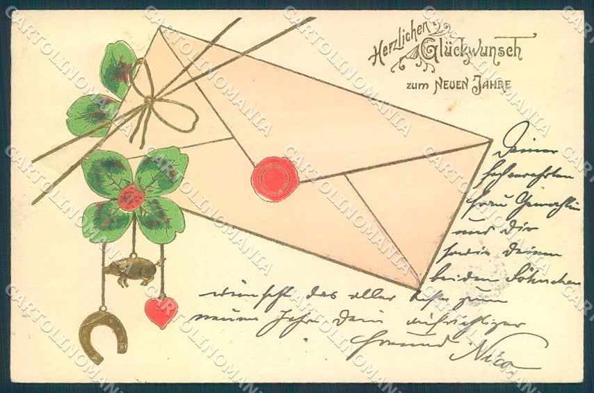 New Year Pig Four Leaf Clover Horseshoe Ladybug Relief postcard TW1423 – fronte