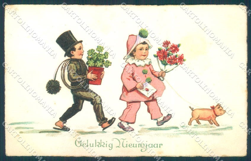 New Year Pig Pierrot Chimney Sweep Four Leaf Clover Amag 2237 postcard TW1425 – fronte