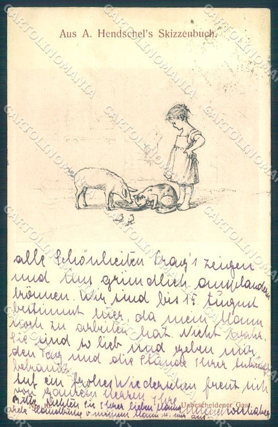 Artist Signed Hendschel Pig Girl Cat serie 16 postcard TW1427 – fronte
