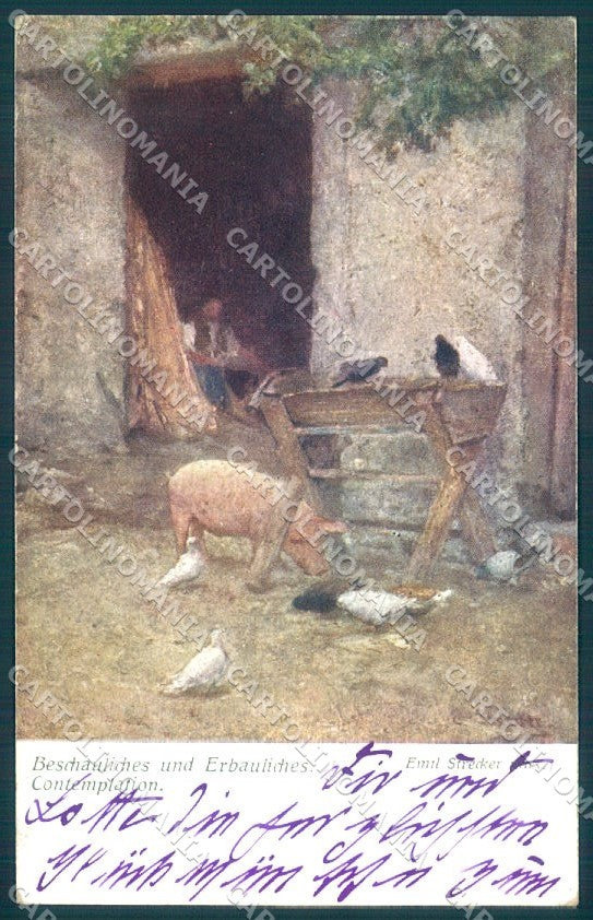 Artist Signed Strecker Animals Pig Bird BKWI 2249 cartolina postcard TW1429 – fronte