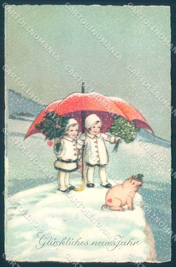 New Year Pig Child Girl Four Leaf Clover WSSB 9371 CORNER CREASE postcard TW1430 – fronte