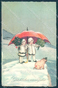 New Year Pig Child Girl Four Leaf Clover WSSB 9371 CORNER CREASE postcard TW1430 – fronte