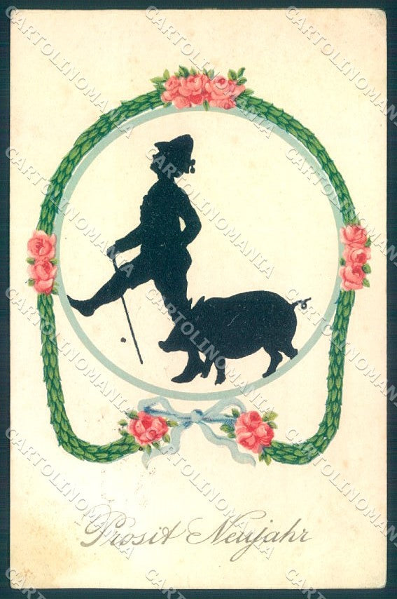New Year Pig Man Silhouette CORNER CREASE cartolina postcard TW1433 – fronte