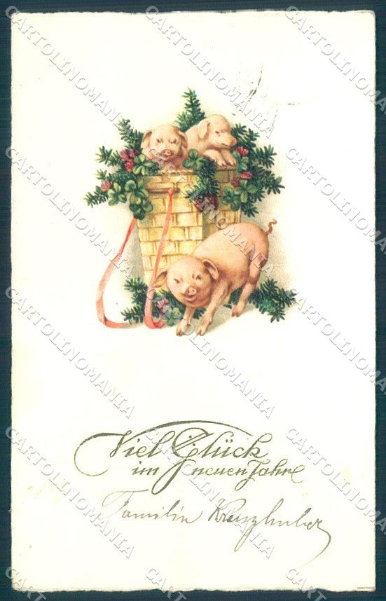 New Year Pig Four Leaf Clover serie 3148 cartolina postcard TW1434 – fronte