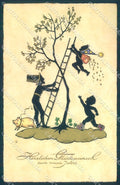 Artist Signed Wahle ? Pig Chimney Sweep Angel Silhouette Pittius ABRADED TW1437 – fronte