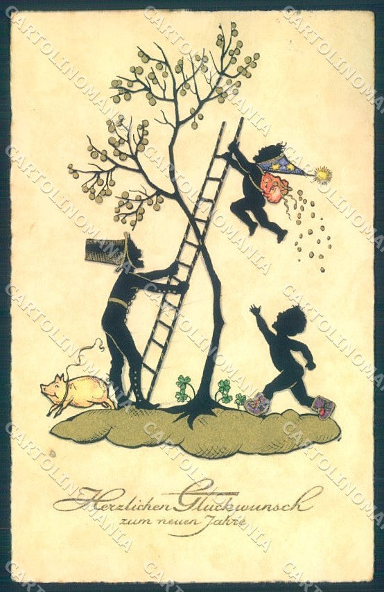 Artist Signed Wahle ? Pig Chimney Sweep Angel Silhouette Pittius ABRADED TW1437 – fronte