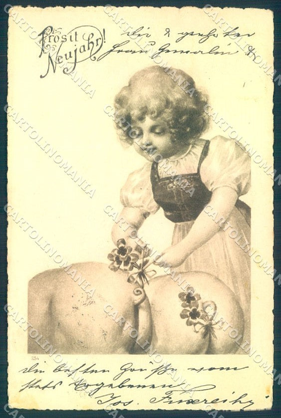 New Year Pig Child Girl Four Leaf Clover UNGLUED cartolina postcard TW1438 – fronte