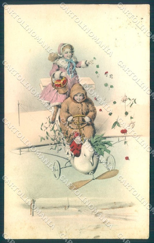 New Year Plane Children Mushroom Horseshoe Puppet serie 1563 postcard TW1441 – fronte