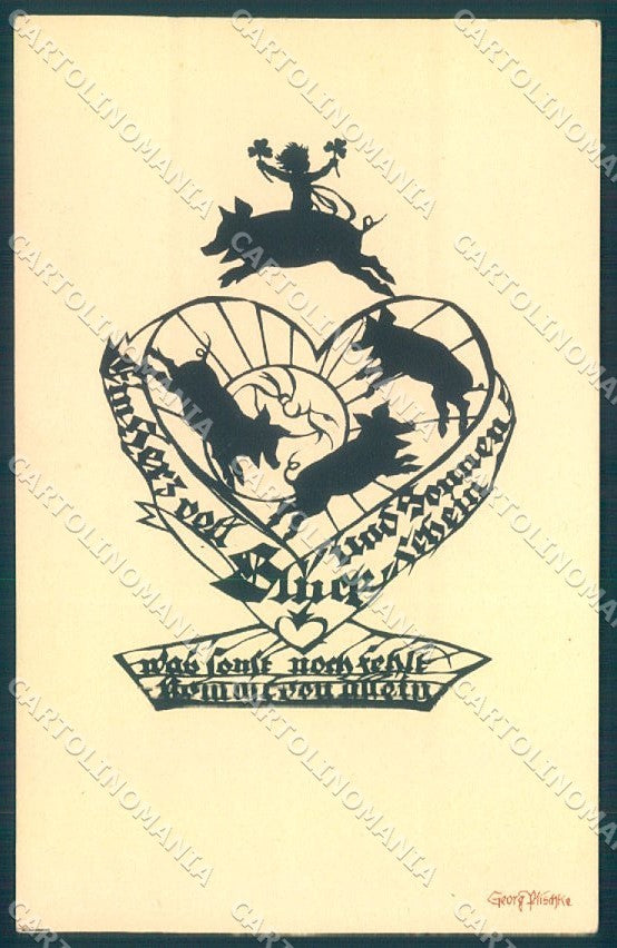 Artist Signed New Year Plischke Pig Child Silhouette serie 1134 postcard TW1443 – fronte