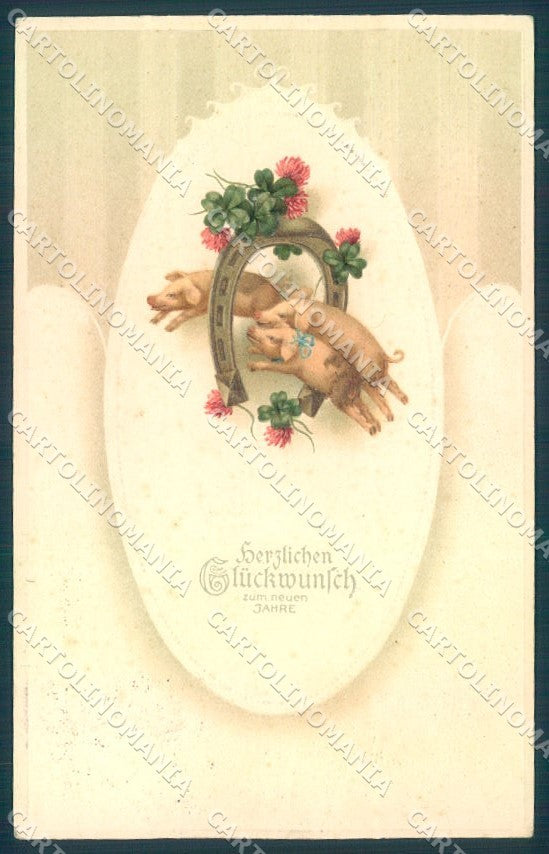 New Year Pig Horseshoe Four Leaf Clover Relief MSiB serie 1157 postcard TW1445 – fronte