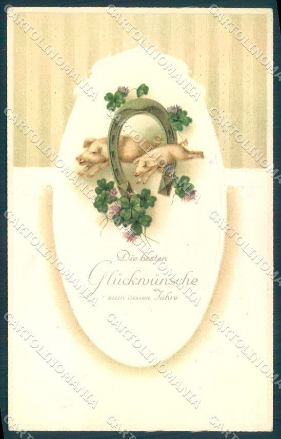 New Year Pig Horseshoe Four Leaf Clover Relief MSiB serie 1157 postcard TW1446 – fronte