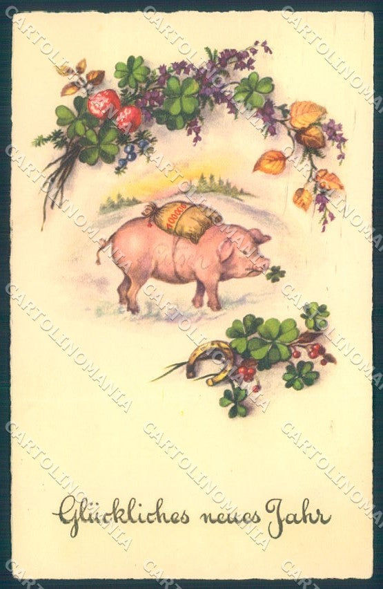 New Year Pig Mushroom Horseshoe Four Leaf Clover serie 4258-2 postcard TW1448 – fronte