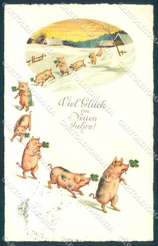 New Year Pig Four Leaf Clover serie 2091 cartolina postcard TW1449 – fronte