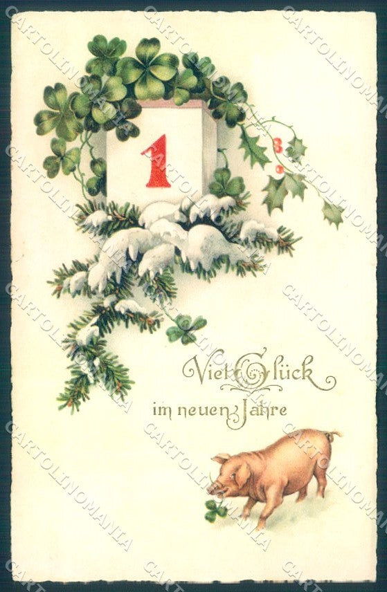 New Year Pig Four Leaf Clover Erika serie 6025 cartolina postcard TW1450 – fronte