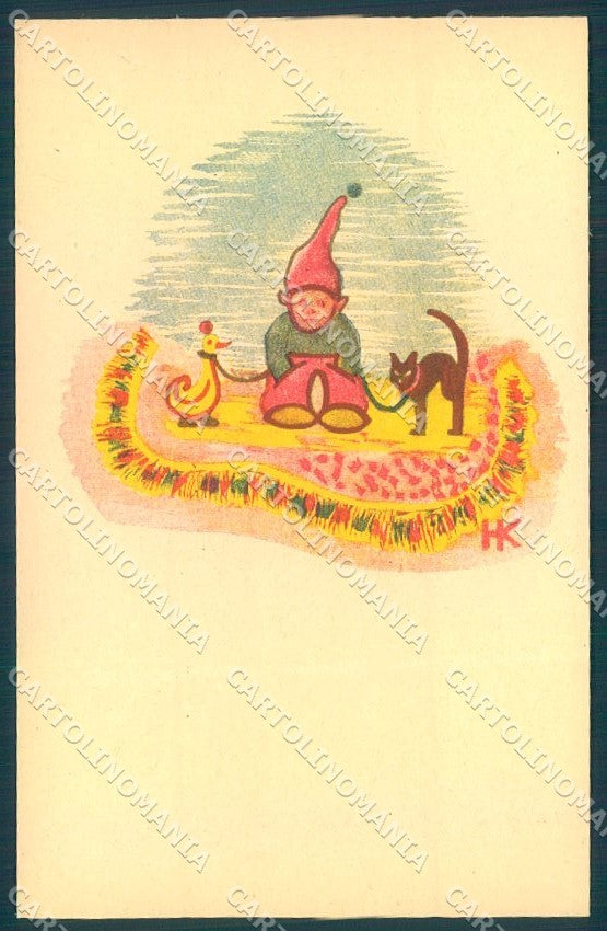 Artist Signed HK Gnome Black Cat serie 102-1 cartolina postcard TW1454 – fronte