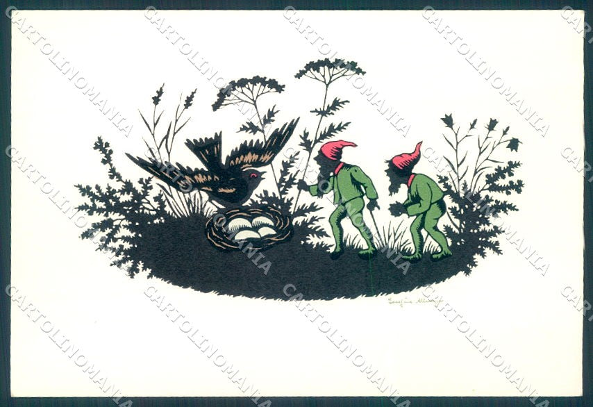 Artist Signed Josefine Allmayer Gnome Silhouette Bird serie 78 postcard TW1462 – fronte