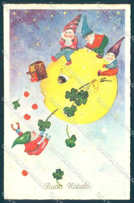 Christmas Paper Moon Gnome Four Leaf Clover Horseshoe serie 7048 postcard TW1470 – fronte