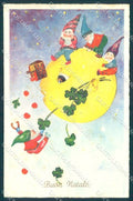 Christmas Paper Moon Gnome Four Leaf Clover Horseshoe serie 7048 postcard TW1470 – fronte