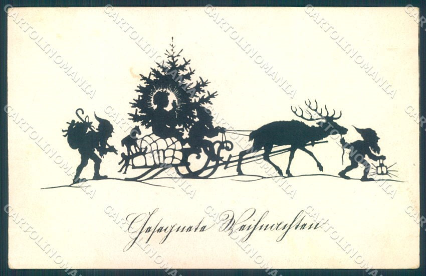 Artist Signed Allmayer Gnome Silhouette Christmas Jesus Tree Sleigh pc TW1472 – fronte