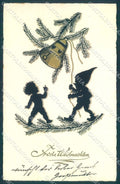 Artist Signed Eva Wahle Christmas Gnome Child Silhouette Bell Pittius pc TW1473 – fronte
