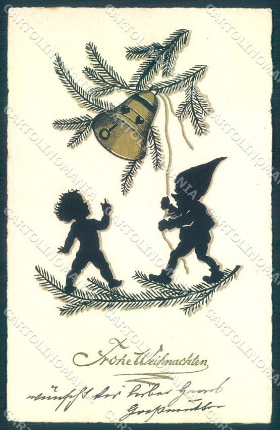 Artist Signed Eva Wahle Christmas Gnome Child Silhouette Bell Pittius pc TW1473 – fronte