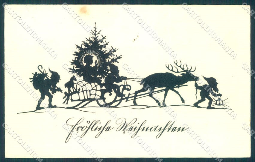 Artist Signed Allmayer Gnome Silhouette Christmas Jesus Tree Sleigh pc TW1482 – fronte