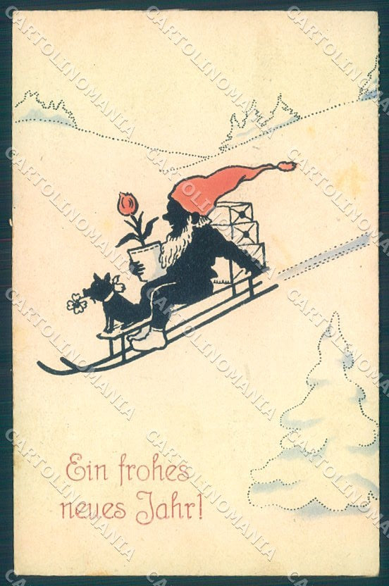 New Year Gnome Sleigh Flower Silhouette HWB 1986 cartolina postcard TW1485 – fronte