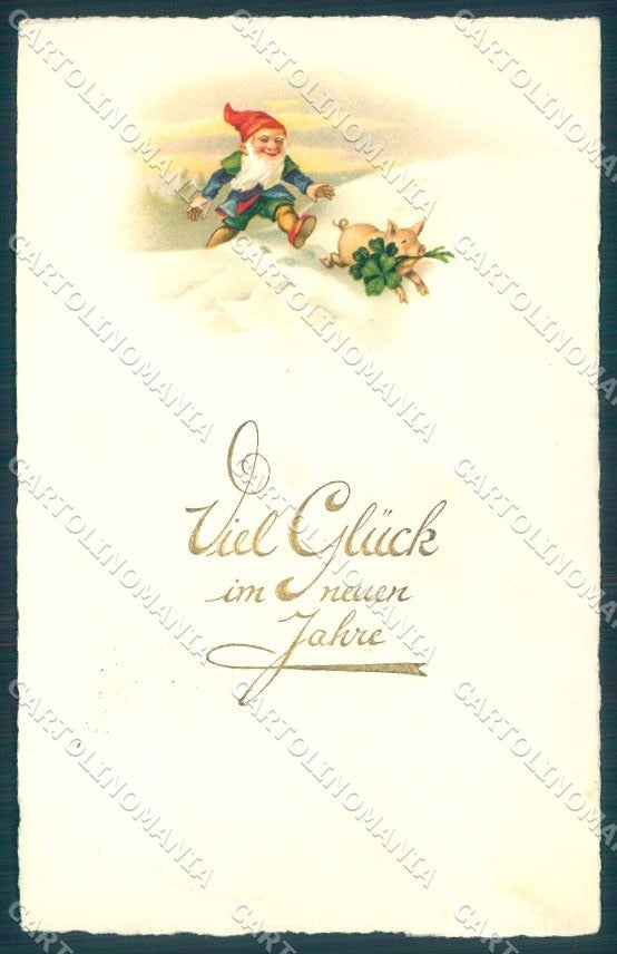 New Year Gnome Pig Four Leaf Clover Pittius cartolina postcard TW1487 – fronte