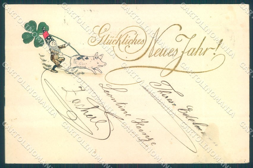 New Year Gnome Pig Four Leaf Clover Relief cartolina postcard TW1493 – fronte