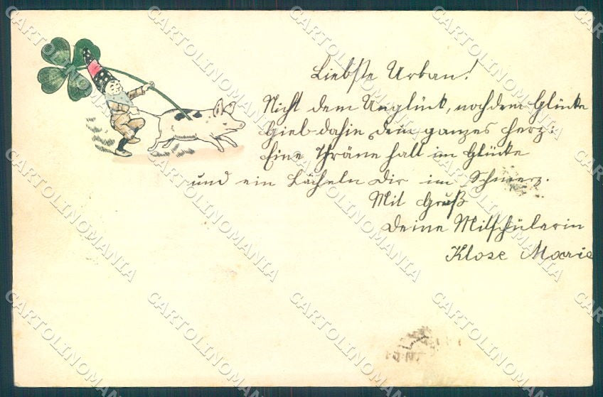 New Year Gnome Pig Four Leaf Clover Relief cartolina postcard TW1494 – fronte