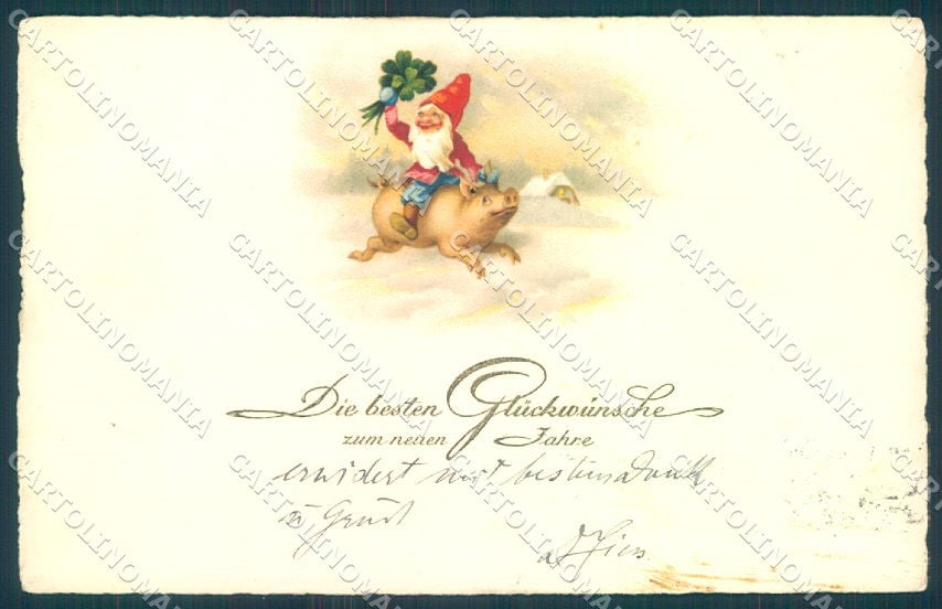 New Year Gnome Pig Four Leaf Clover Pittius cartolina postcard TW1495 – fronte