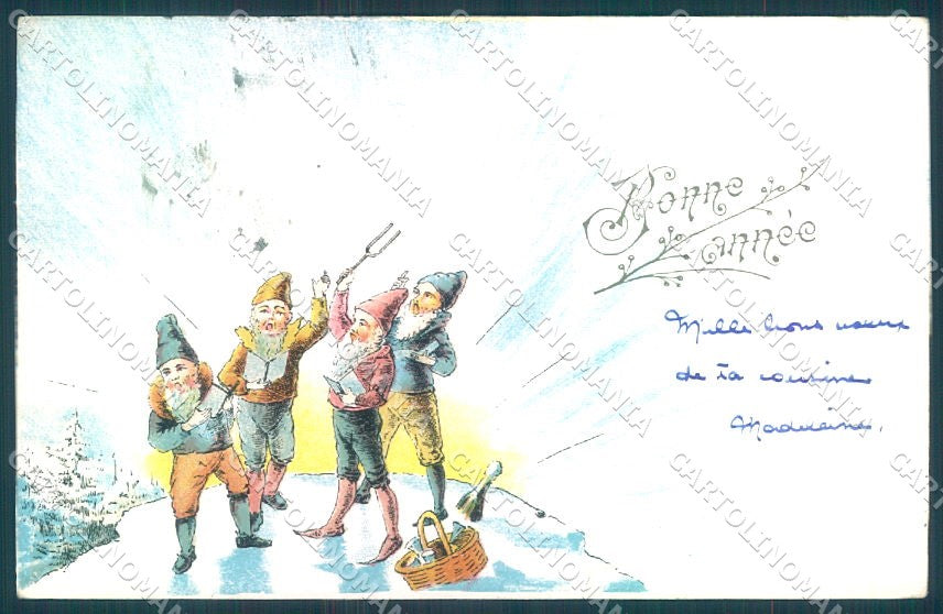New Year Gnome Toasting Music Instrument cartolina postcard TW1498 – fronte