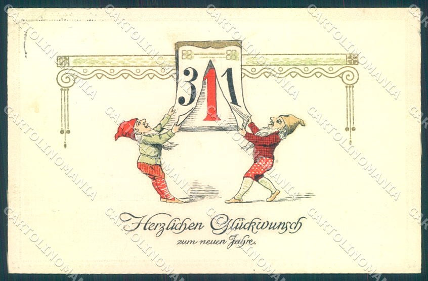 New Year Gnome CORNER CREASE cartolina postcard TW1499 – fronte